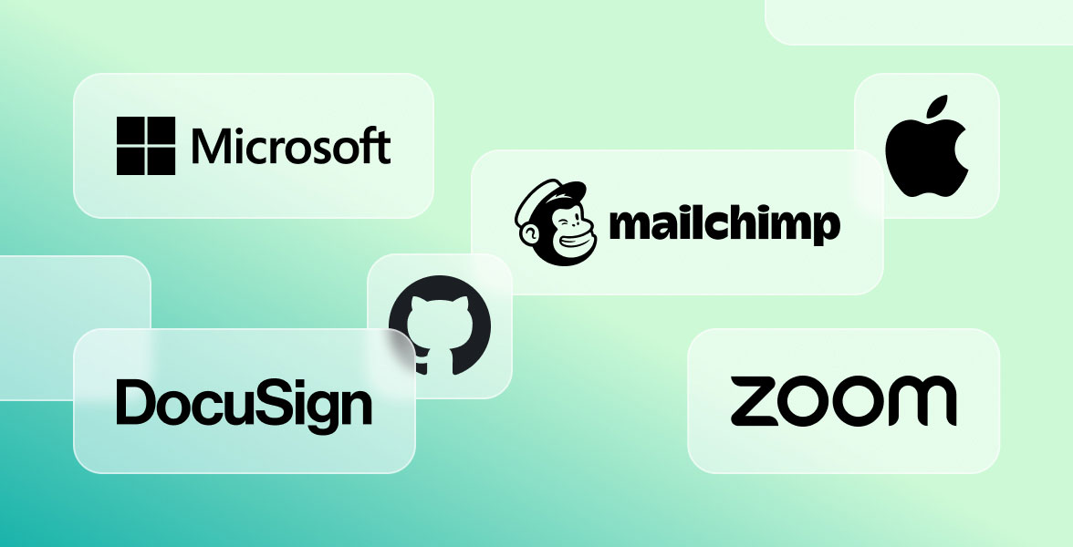 Various third party logos like Microsoft, MailChimp, Apple, GitHub, DocuSign, Zoom