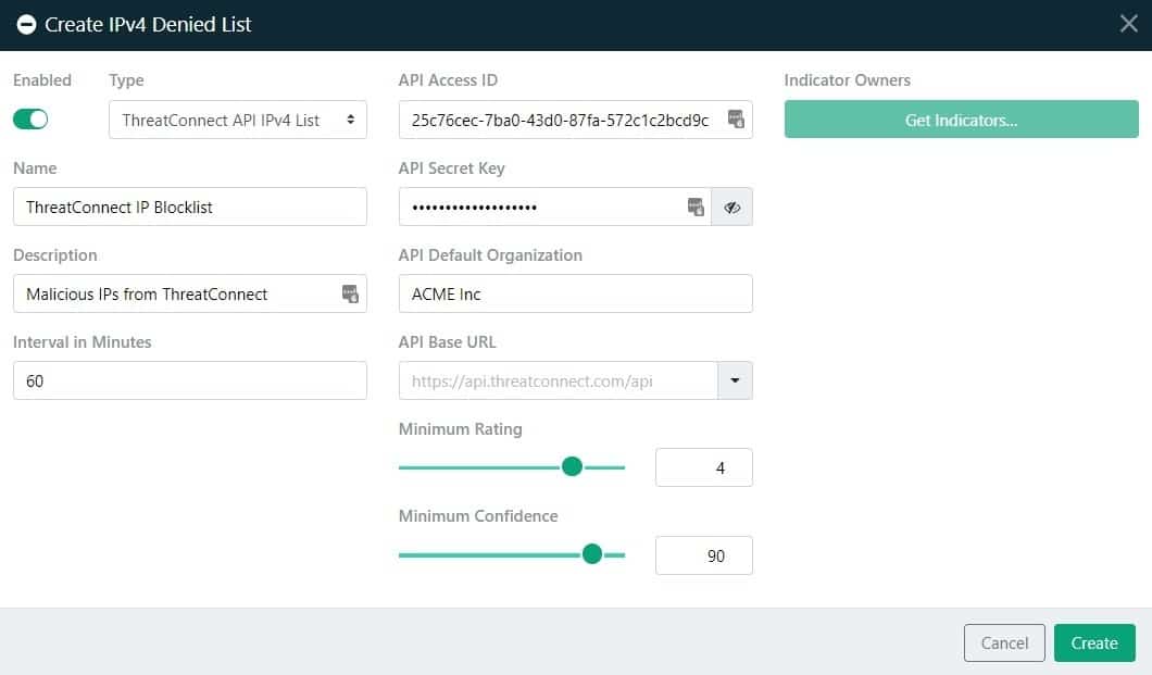 ThreatConnect API IvP4 Blocklist Screenshot