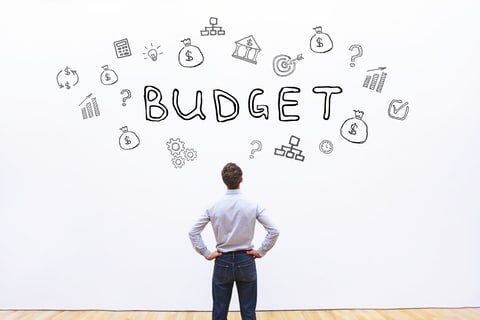 Employee looking at budget drawing on wall